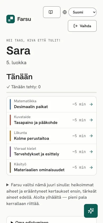 Oppilaan Tänään-näkymä ja seuraavat tehtävät esimerkkitilillä.