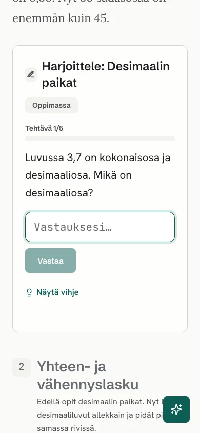 Matematiikan harjoitustehtävä ja vastauskenttä oppilaan näkymässä.